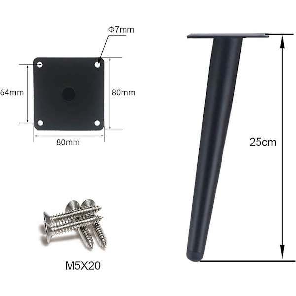 4 stk. Skrå Bordben Metal Skab Ben, Kegle Møbelben, 201 Rustfrit Stål, Sort, 25cm Højde, Skridsikker Lydløs Bund Til Sofaer, Borde A