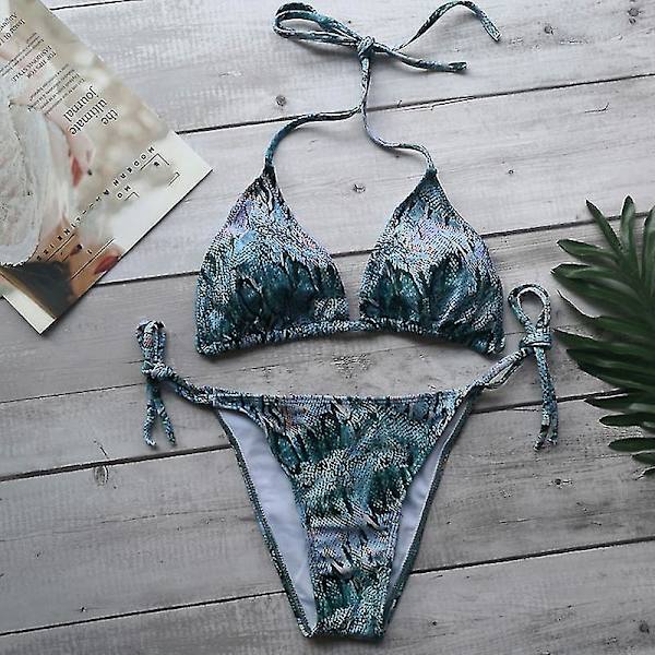 Sexy Bikini Thong Set med Push-Up Polstring for Kvinner - Sommerstrand Badetøy Snakeskin Blue M