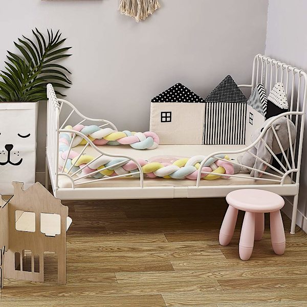 Sängkant, babyskudd, sängorm, babyskudd, vävning kantskydd huvudskyddsdekoration för vagga (rosa, grå, blå, 150 cm),