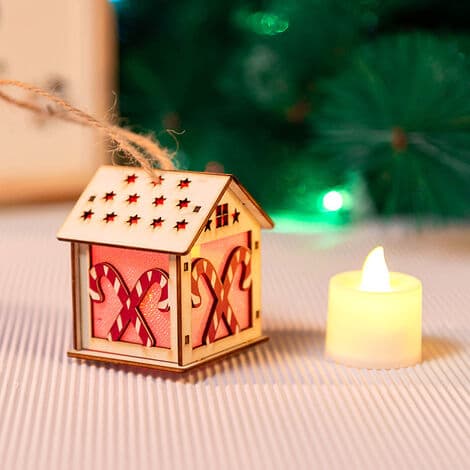 Julepynt | Juletræsornamenter - Mini Lysende Julehus Vedhæng med Standere