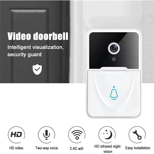 Trådløs Videodørklokke, Smart Hjem Dørklokke Intercom HD Nattesyn WiFi Opladning Tyverisikring Dørklokke, To-vejs