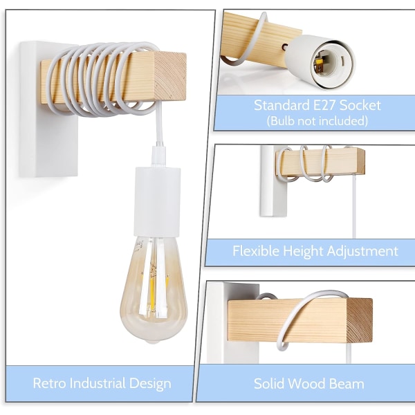 Retro væglampe, træ væglampe, justerbar kabellængde, egnet til gang, hjem, bar, cafe, soveværelse, stue (hvid, uden pære),