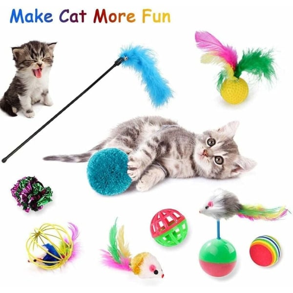 Kattelegetøj, 24 stykker kattelegetøj, kattelegetøjssæt med kattunnel, fisk, mus, fjer, bold killingelege, interaktivt kattelegetøj