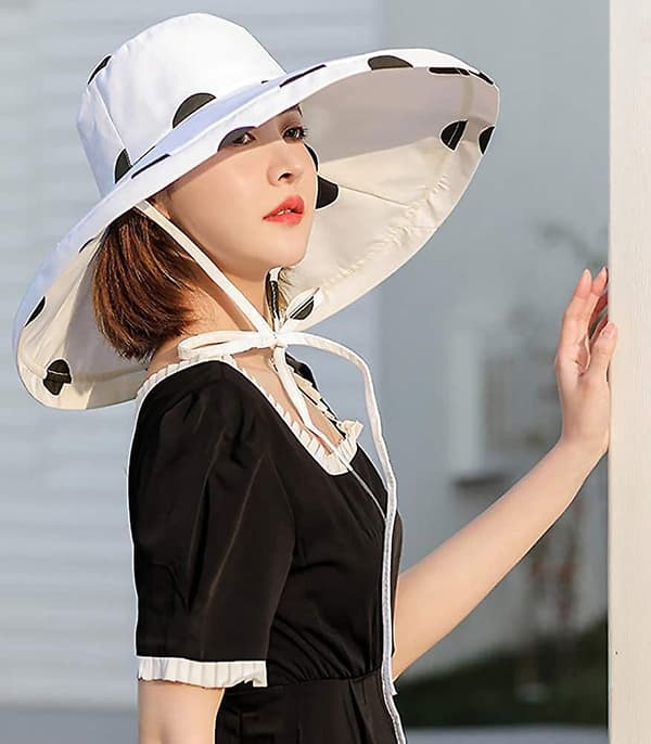 Dame Solhat Bred Skygge Upf 50+ Sommerhat Sammenfoldelig Floppy Strandhat Til Kvinder One Side Dot White