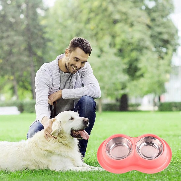 Dobbelt Skål til kæledyr i rustfrit stål - Foderbord til hund og kat - Myretæt katteskål With Steel Bowl Pink