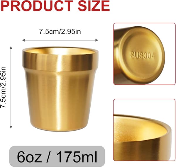 Muggar i rostfritt stål (4-pack, guld) Borstade drickskoppar i metall, okrossbara, stapelbara, kaffe-/te-/ölglas, 175 ml