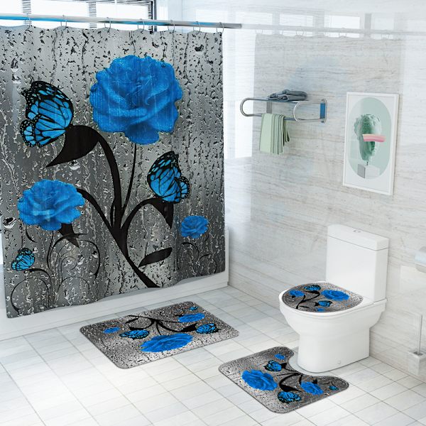 Blå Rose Print Firedelt Toilet Måtte Bruseforhæng Sæt, M02,
