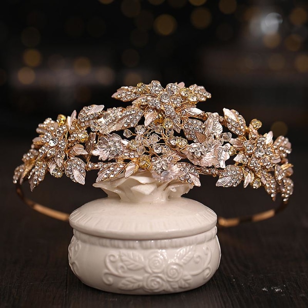 Women Bridal Crown Headpiece Alloy Leaves Shiny Rhinestones Headband Bangs Fixed Hair Loop For