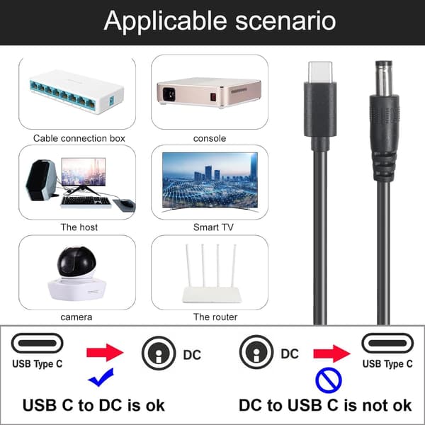 USB C til DC strømkabel 5.5mm x 2.5mm / 5.5mm x 2.1mm, Universal PD hurtigoplader, 5V/9V/12V/15V/20V Multi-spændingsadapter