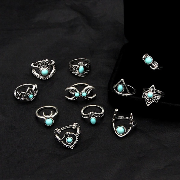 11 st Hollow Feather Stackable Knuckle Rings Etniskt Stil Blommor Faux Gem Finger Rings Smycken Tillbehör