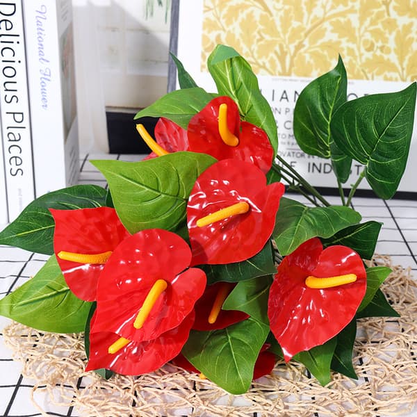 Simulering grön växt plastblomma 12 huvuden 3 anthurium blomma 2PCS,