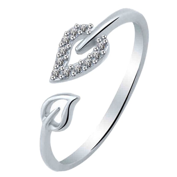 Unik justerbar Hollow Heart Leaf Rhinestone Öppning Finger Ring Dam Smycken Silver