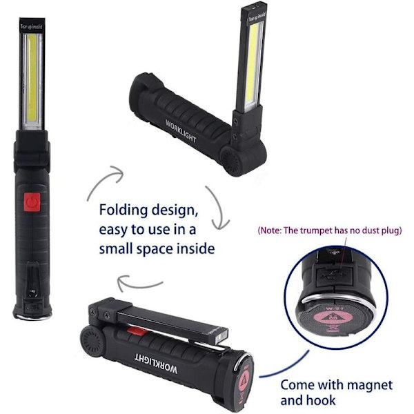 USB Laddningsbar Ficklampa LED Arbetslampa Bärbar Magnetisk COB Hängkrok för Utomhus Camping Reparationslampa (2-pack)
