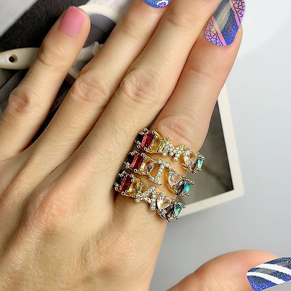 Ring Vintage Zirkon Färgglad Bokstav Mode Smycken Ac9362 W
