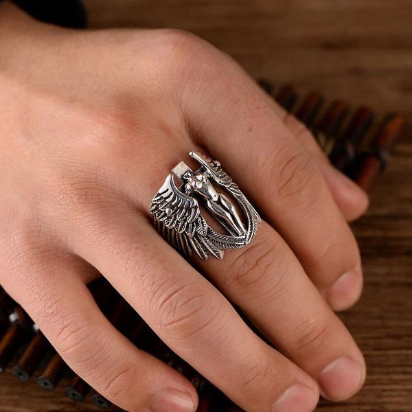 Gotiska män Cross Guardian Angel Wings snidade Biker Finger Ring Smycken Present US 8