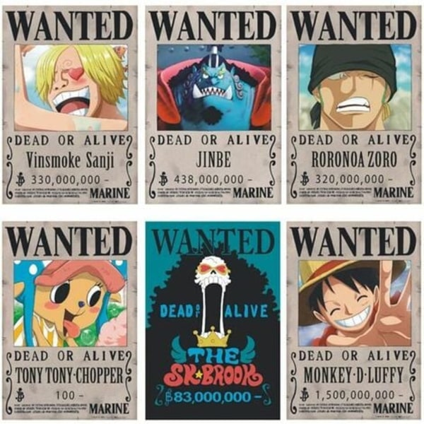 One Piece Wanted Posters 28,5cm × 19,5cm, Ny Udgave Kraftpapir Poster, Luffy 1,5 Milliarder, Sæt af 24