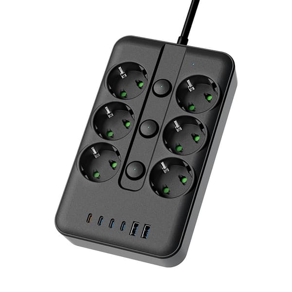 6-veis strømskinne, 1,8 m kabel, middels svart