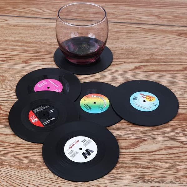 Sæt med 6 retro vinyl coasters