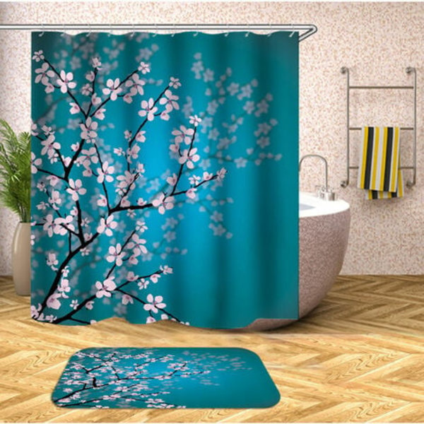 Japansk Bruseforhæng, Sakura Blomstermønster, Tekstil Badeværelses Dekorationssæt med Kroge, 180cm x 200cm, Petrol Lyseblå Nål