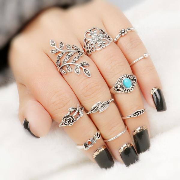 10 st Kvinnors Retro Rosor Carvad Falsk Turkos Stacking Fingerring Smycken Present