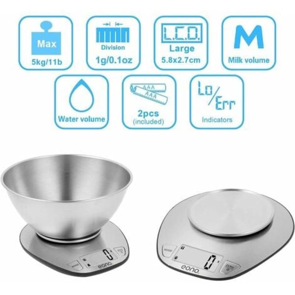 Digital kjøkken- og bakevekt i rustfritt stål, Irisfr, Tare-funksjon, LCD-skjerm