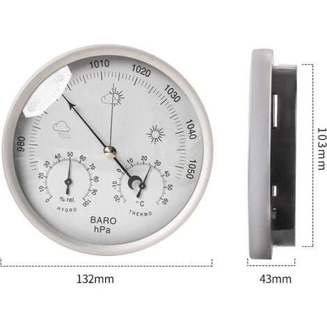 Analog værstasjon 3 i 1 rustfritt stål Ø132 mm - Barometer, termometer, hygrometer, sølv