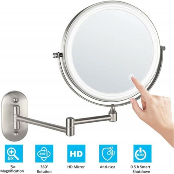 LED Magnification for 8 Inch Wall Mirror, USB Rechargeable with 1X/5X, Matte Nickel