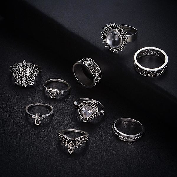 9-pack Retro Kvinnors Rhinestone Knuckle Finger Ring Smycken Tillbehör Presenter