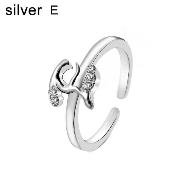 Mode Kvinnor Enkel A Till Z Engelska Alfabetet Bokstav Rhinestone Öppen Ring Smycken Silver E