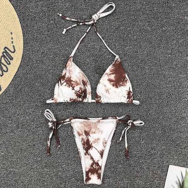 Bandage Tie Dye Halter Bikini Set med Vaddering, Brasiliansk Baddräkt för Kvinnor Khaki S