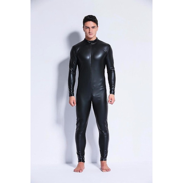 Sexig herr våtlook latex catsuit konstläder tvåvägs lång dragkedja gren body nattklubb DS jumpsuit underkläder kostym Black-B M