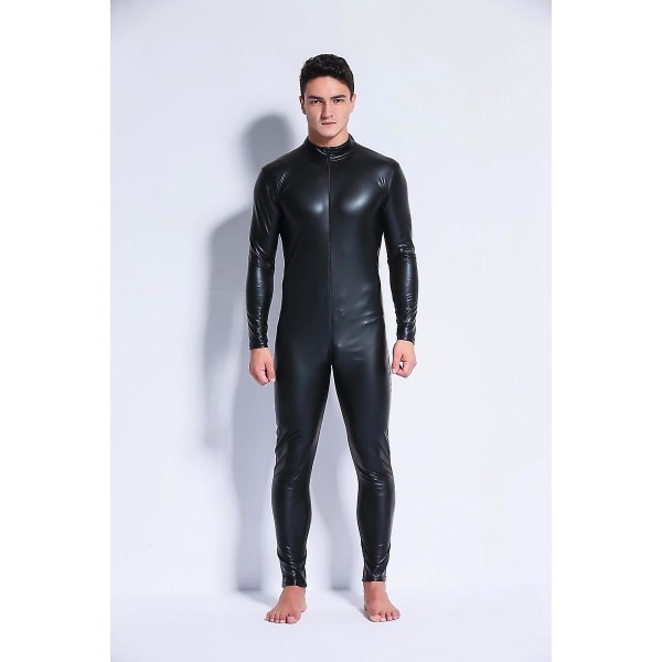 Sexy Men Wet Look Latex Catsuit Kunstig Skinn Toveis Lang Glidelås Skritt Bodysuit Nattklubb DS Jumpsuit Lingeri Kostyme Black-A L