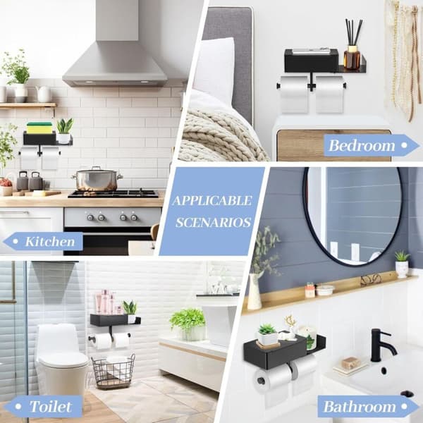 Mat sort vægmonteret toiletpapirholder – Rustfrit stål – Borefri installation – Integreret tissueboks