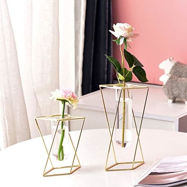 Glasvas med metallstativ, modern geometrisk glasblomma för skrivbord, lämplig för inomhus hydroponiska växter (Guld, Storlek S)