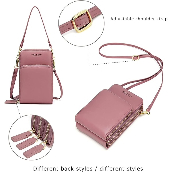 Liten crossbody mobiltelefonpung for kvinner, mini messenger skulderhåndveske lommebok med kredittkortspor A916-878 Pink