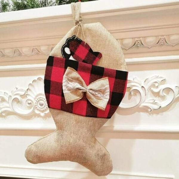 Jule-Strømpe for Katter i Burlap Rutete Design - Hengende Fiskestrømper for Peis, Juletre, Juledekorasjon