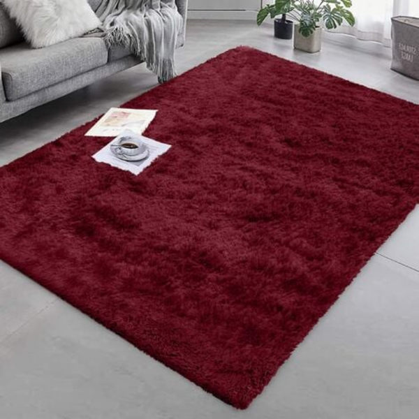 Shaggy teppe til stue - Moderne fluffy - Kort luv - Sklisikker burgunder (100 cm x 160 cm)