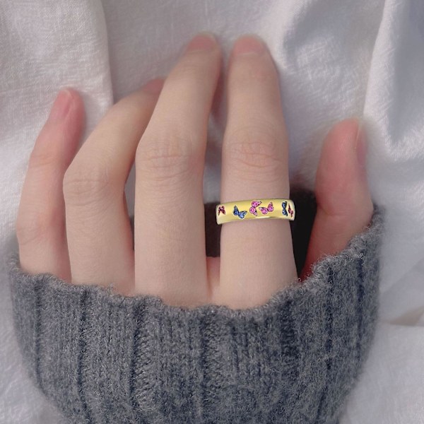 Blank skinnende kvinne ring sommerfugl mønster rustfritt utsøkt blandet farge dame finger ring for bryllup Golden US 11