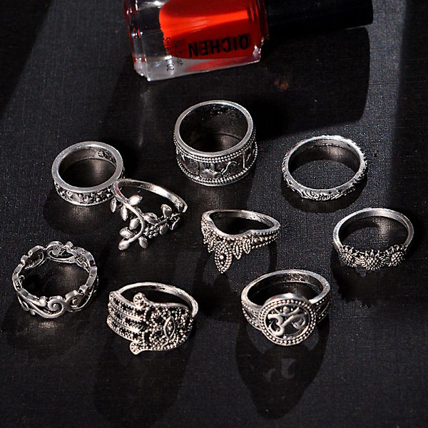 9 stk Kvinners Retro Utskjærings Solsikke Hamsa Hand Of Fatima Hule Knuckle Ringer Sett