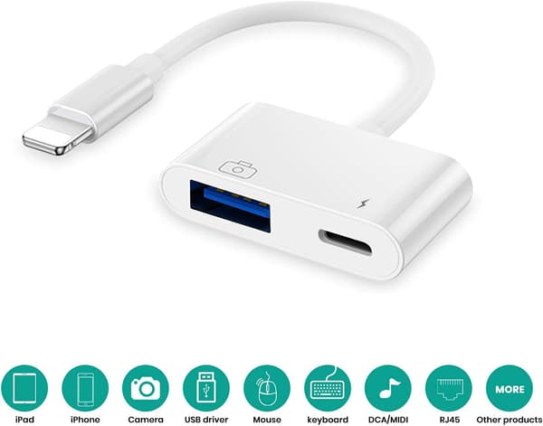 Vit 2-pack USB-kameraadapter med laddningsport, USB-hona