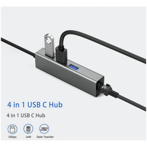 USB C til Gigabit Ethernet-adapter USB C til USB 3.0 10/100/1000 RJ 45 LAN-nettverksadapterkabel, støtter Windows 8/7/10