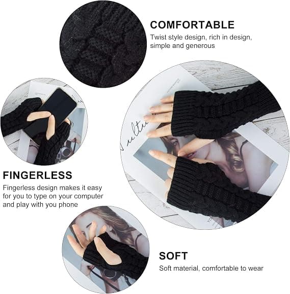 2 Par Knittede Fingerløse Hansker, Vintervarme Hansker for