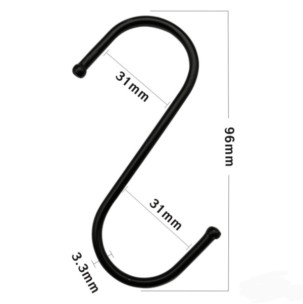20 S-krokar, 9,5 cm, för kök, badrum, sovrum och kontor (Stor svart)