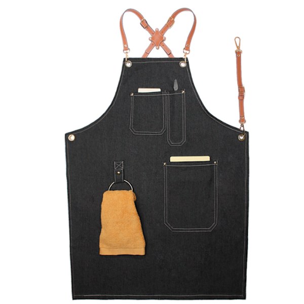 Stilig denimforkle, arbeidsforkle (Kryss brun belte denimring D svart)
