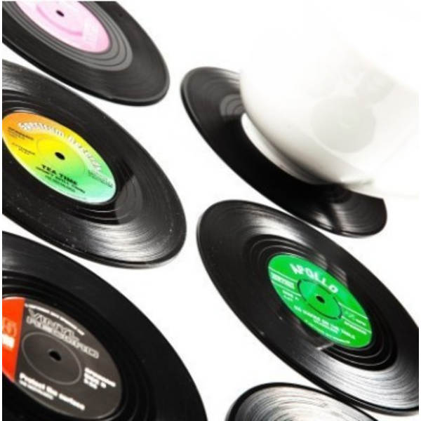 Sæt med 6 Retro Vinyl Plade Stive Underlag - Servering af Kaffe
