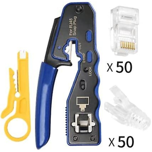 Rj45-krimpverktøysett med 50 Cat6 Gj670bl-kontakter og 50 Rj45-beskyttelsesdeksler for Cat6a Cat5e Cat5 23awg-kontakter og minikabelavstriper