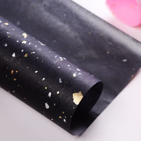 10 ark, Blompappersmoln förtjockat papper guld- och silverprickar fint papper svart presentpapper