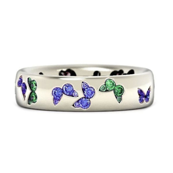 Glansfuld Kvinde Ring Butterfly Mønster Rustfrit Elegant Blandet Farve Dame Finger Ring Til Bryllup Green US 9