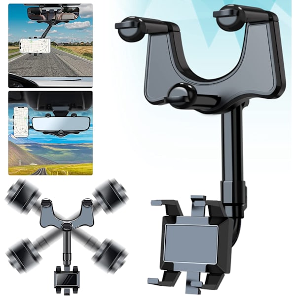 Bilstøtte til Bagrude Spejl, Rotérbar og Indtrækkelig Mobilholder, Universal 360° Bagrude Spejl Mobilholder