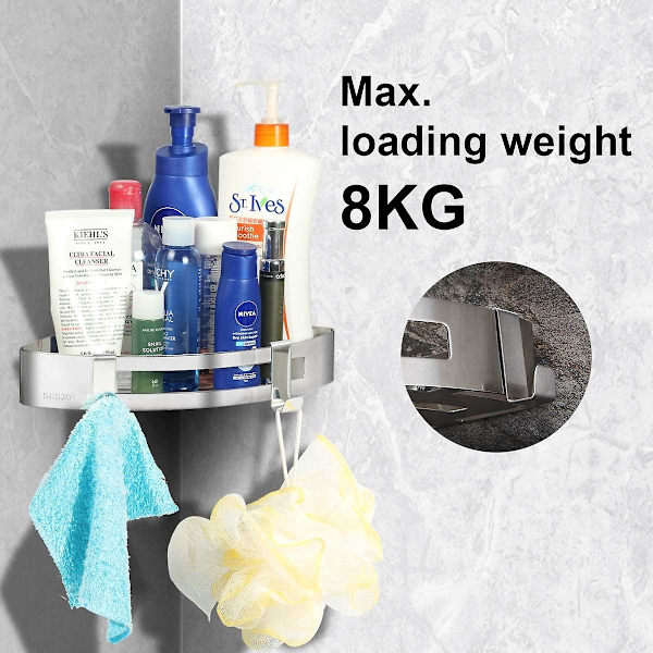 Piao Duschhörnshylla, Hörnshylla med Krokar 2-pack, Självhäftande Lim, Rostfritt Stål